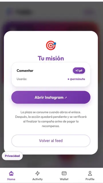 Pantalla de misión de Publike para comentar una publicación de Instagram