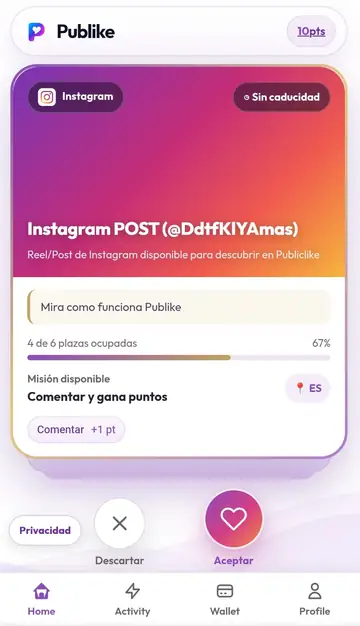 Misión de Instagram disponible en Publike para comentar y ganar un punto