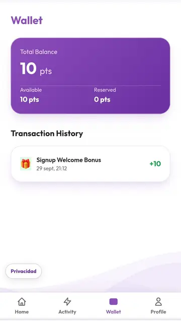 Wallet de Publike mostrando saldo disponible e historial de puntos