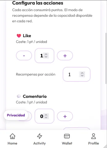 Configuración de acciones y puntos en una campaña de Publike