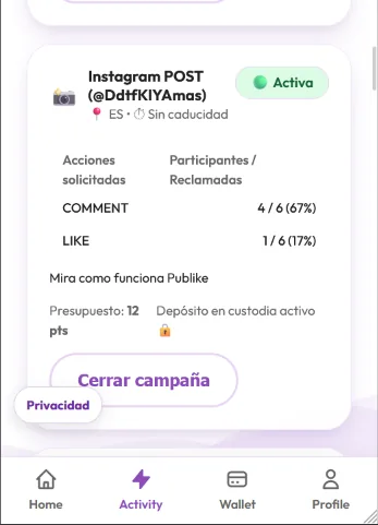 Campaña activa en Publike con participantes y acciones reclamadas
