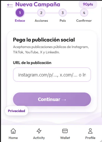 Pantalla de Publike para pegar la URL de una publicación al crear una campaña