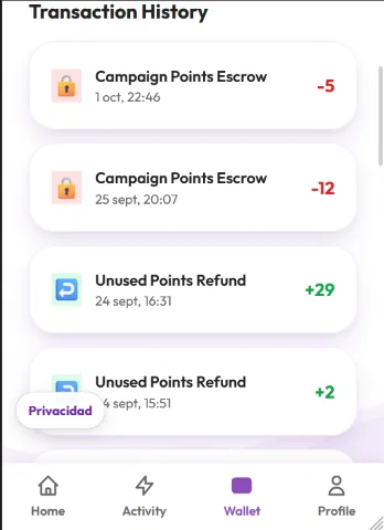Historial del Wallet de Publike con depósitos de campaña y reembolsos de puntos no utilizados